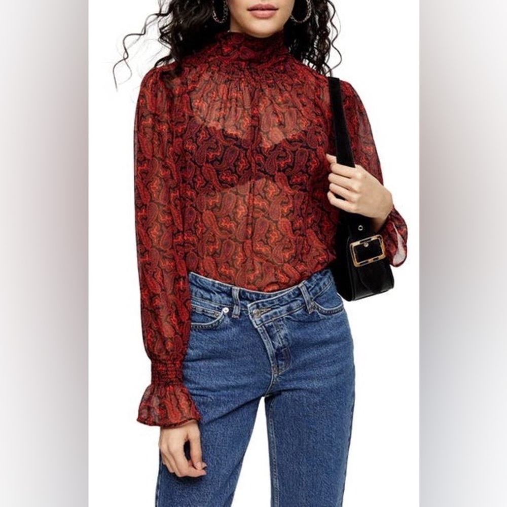 Topshop Paisley Shirred High Neck Blouse